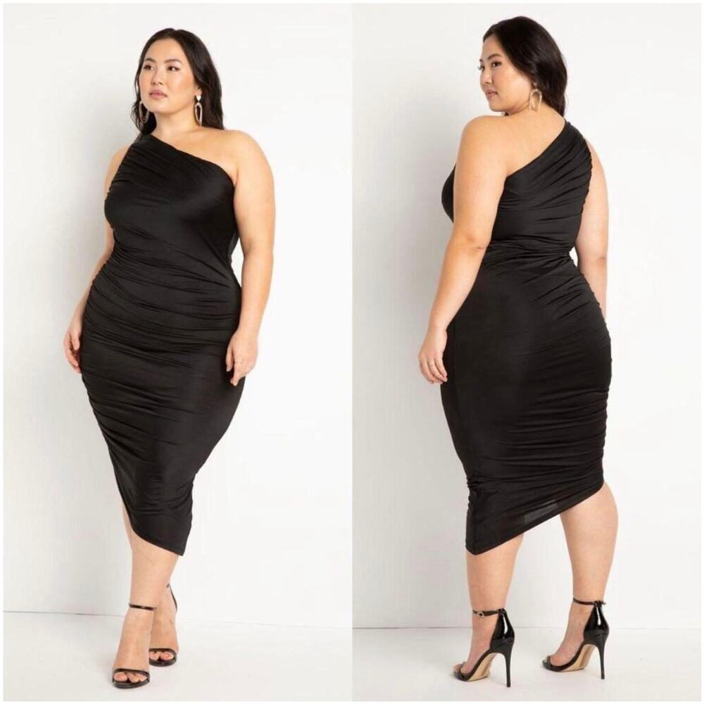 One-Shoulder Black Ruched Midi Dress